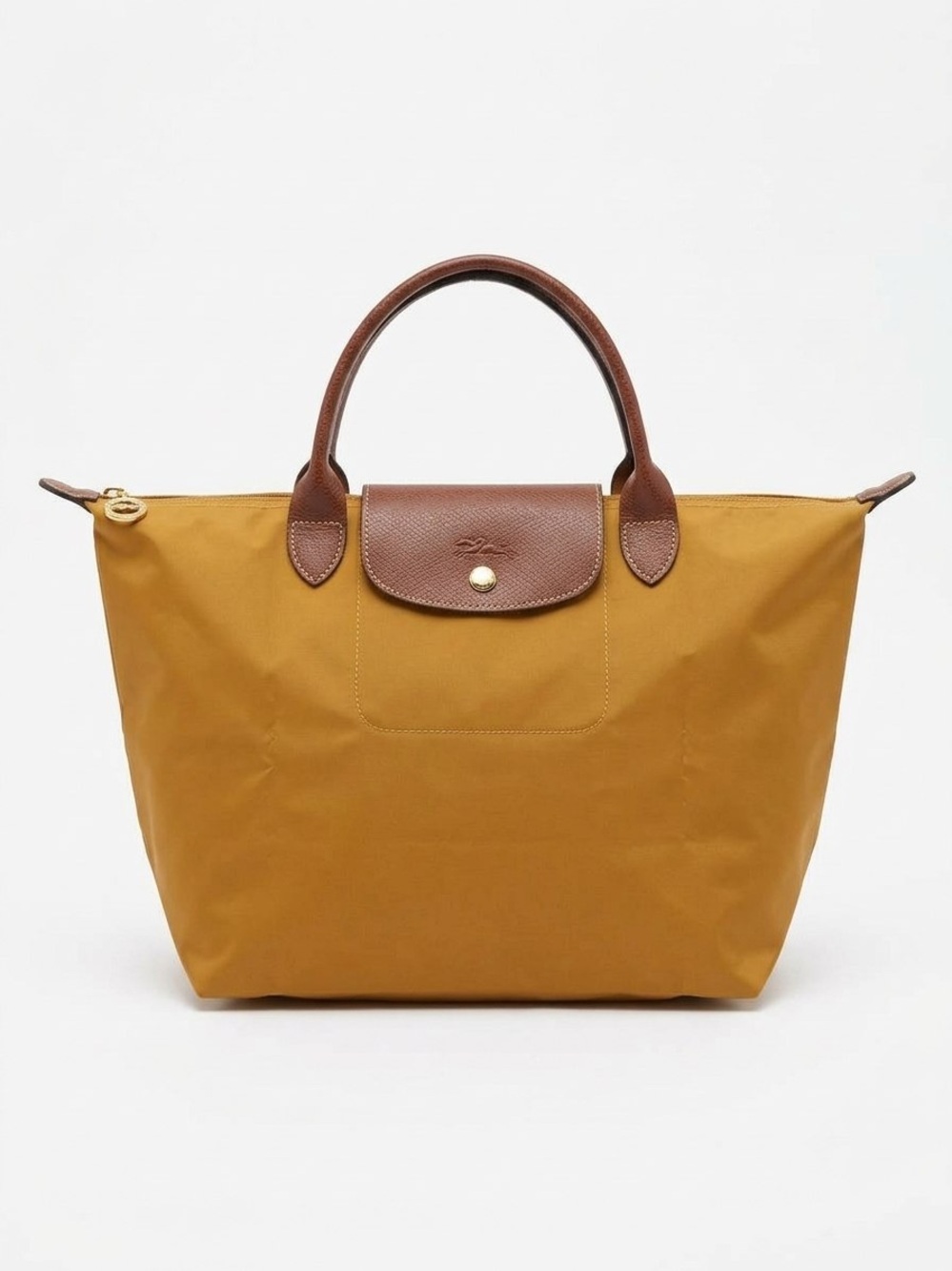 Longchamp Le Pliage Brown Medium Tote Bag Snap Zip Closure Gold Hardware